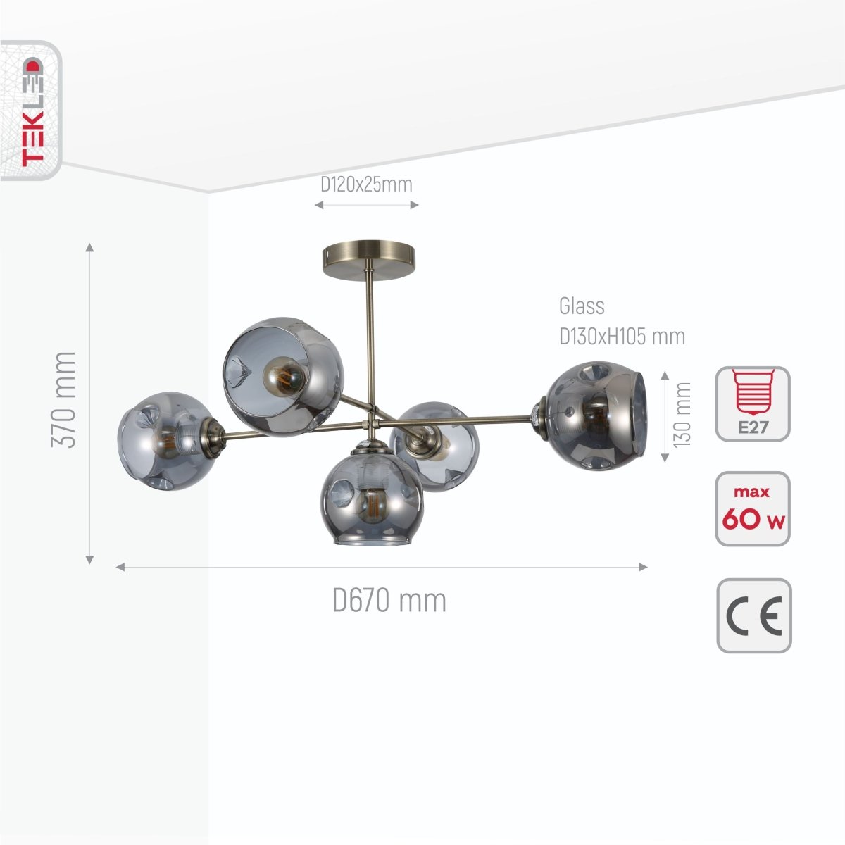 Product dimensions of clear glass dome antique brass semi flush ceiling light 5xe27