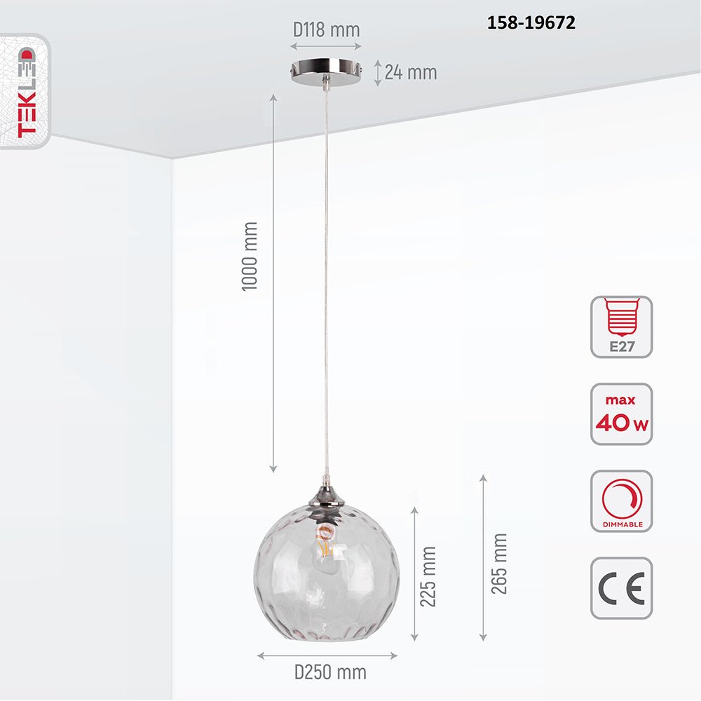 Product dimensions of clear glass globe pendant light with e27 fitting