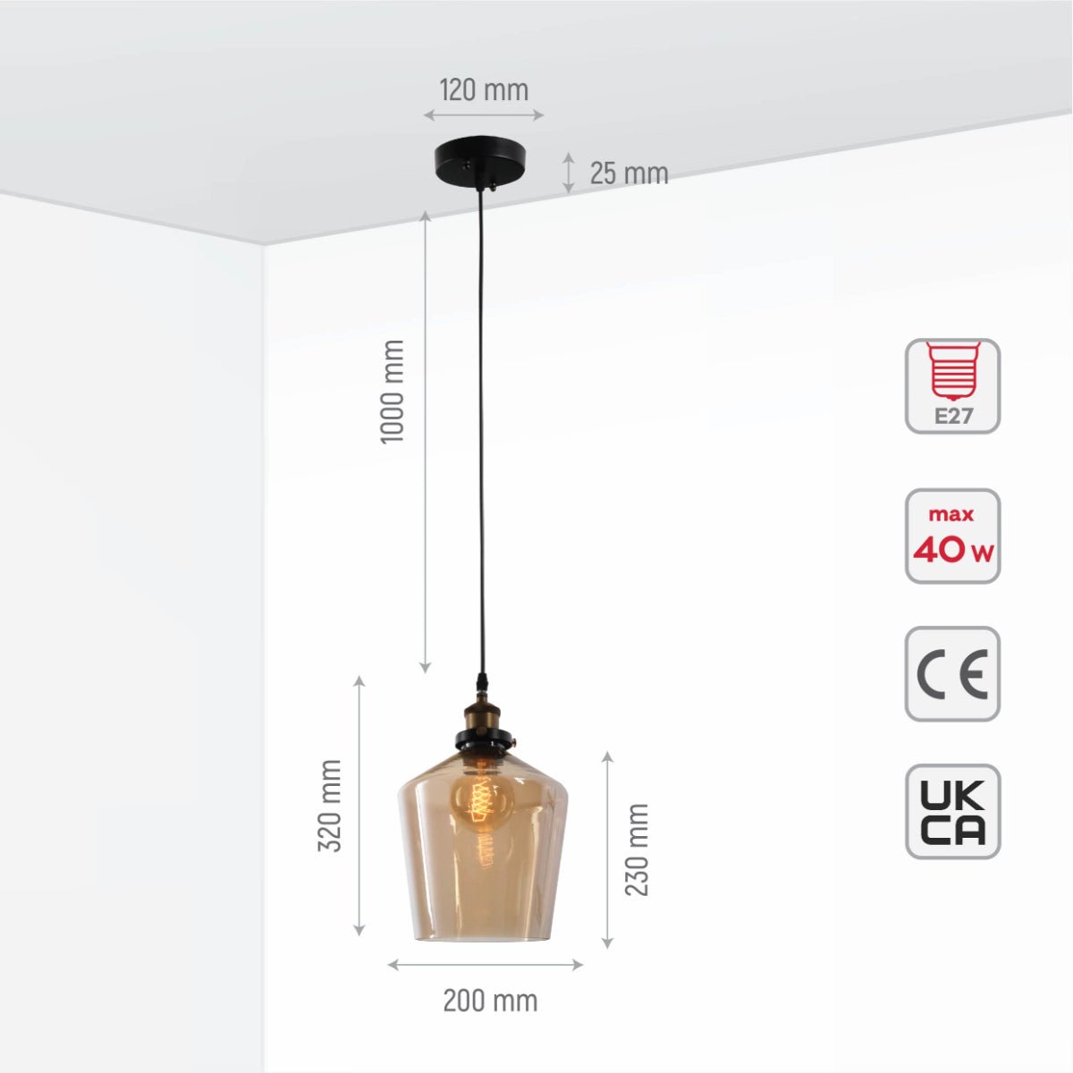 Size and specs of Amber Glass Schoolhouse Pendant Ceiling Light with E27 | TEKLED 150-17826