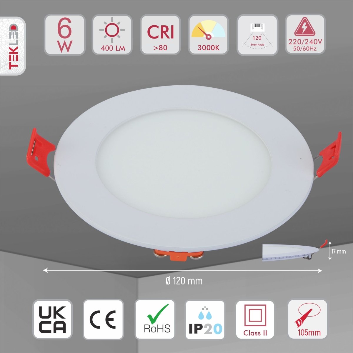 Product dimensions of downlight led round slim panel light 6w 3000k warm white d120mm
