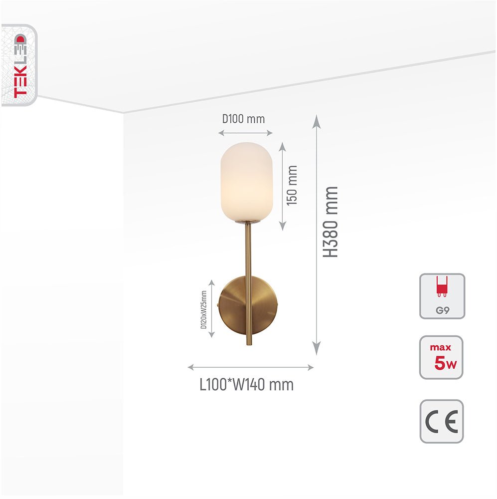 Product dimensions of Gold Aluminium Bronze Metal Opal Glass Cylinder Wall Light with G9 Fitting