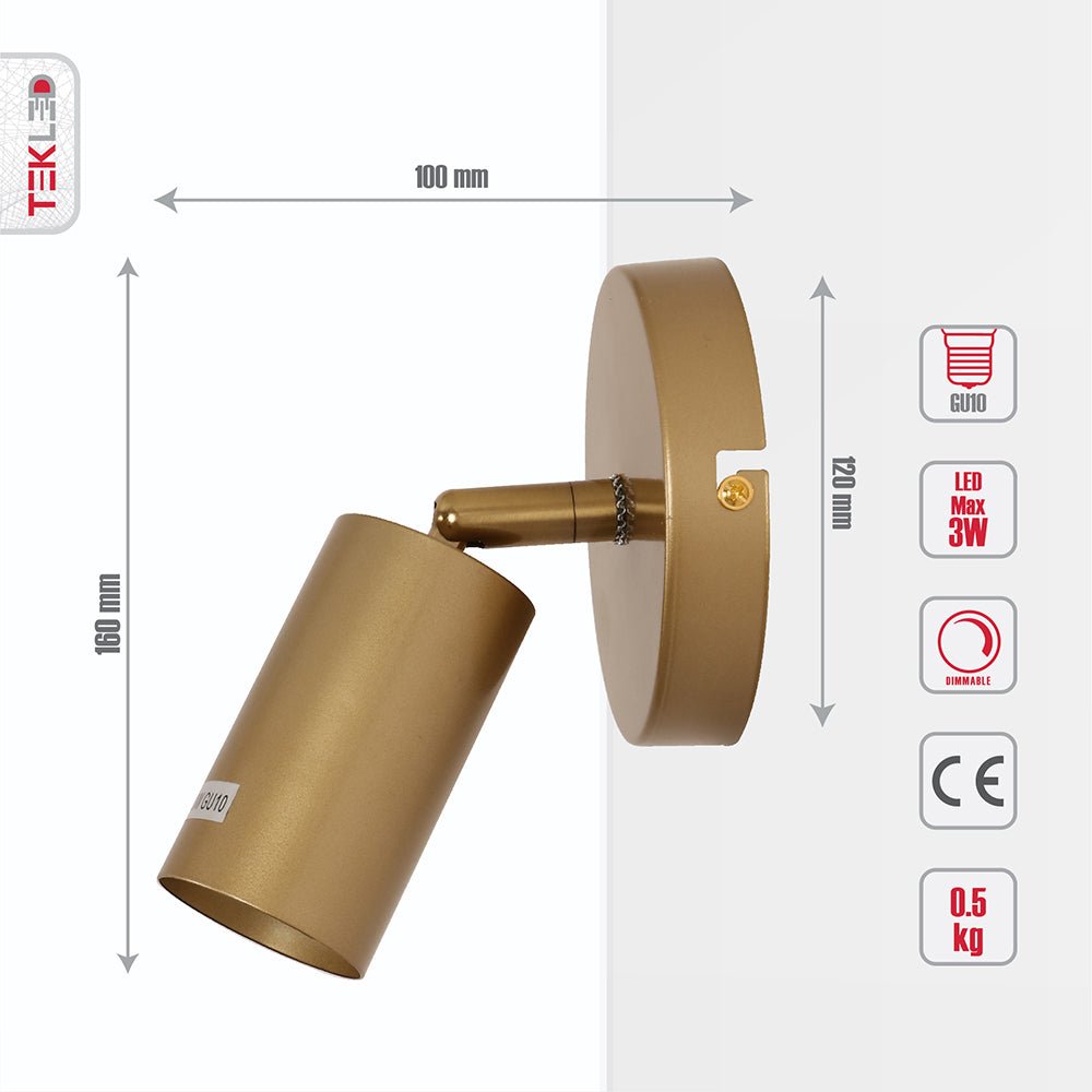 Product dimensions of Gold Metal Spot Wall Light with GU10 Fitting