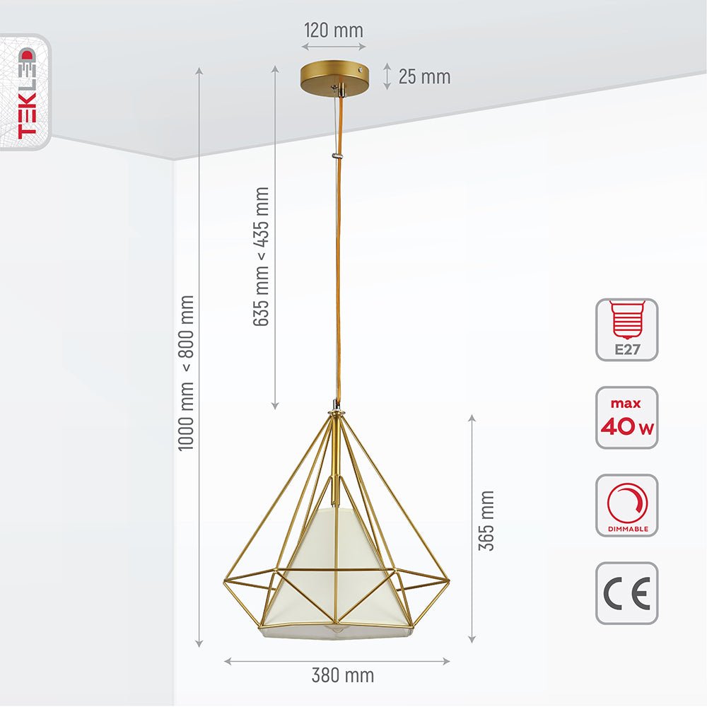 Product dimensions of gold wire opal shade caged funnel pendant light with e27 fitting