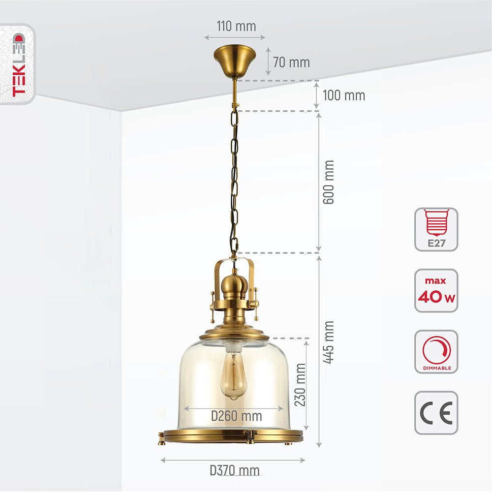 Product dimensions of golden bronze metal amber glass cylinder pendant light sealed with e27 fitting