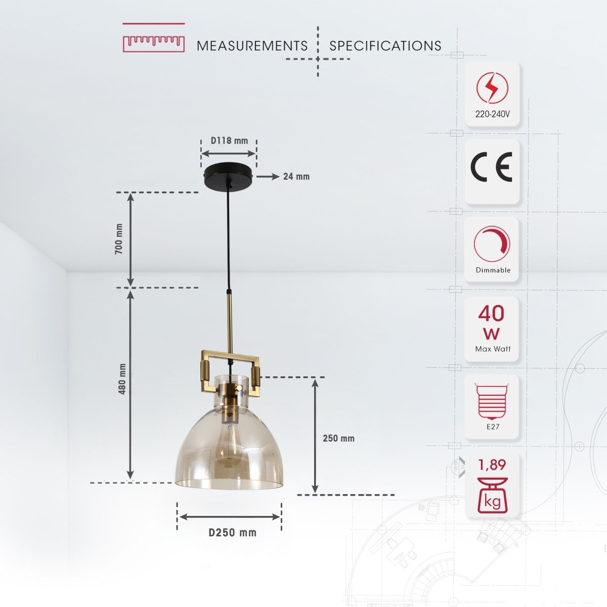 Product dimensions of golden bronze metal amber glass dome pendant light with e27 fitting