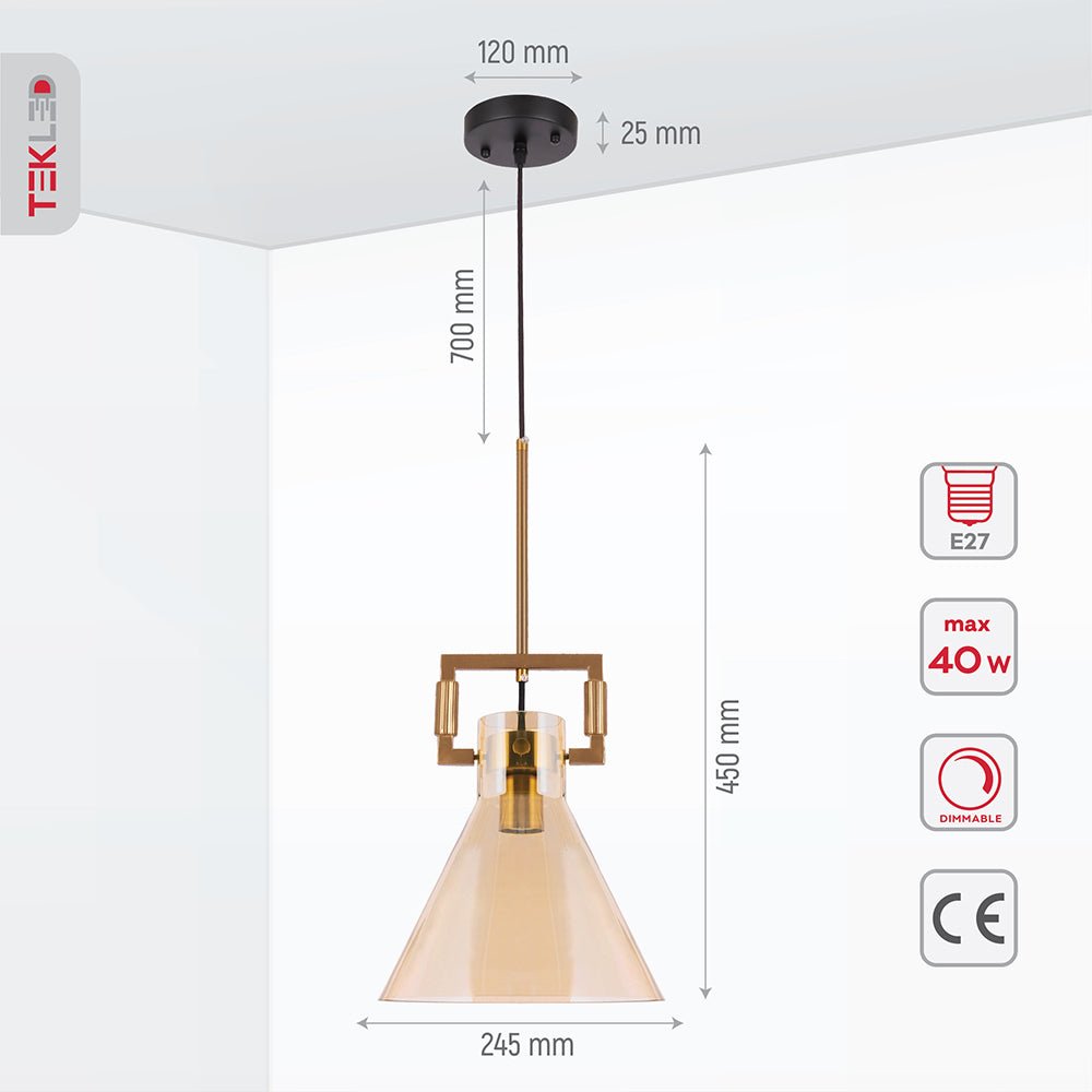 Product dimensions of golden bronze metal amber glass funnel pendant light with e27 fitting