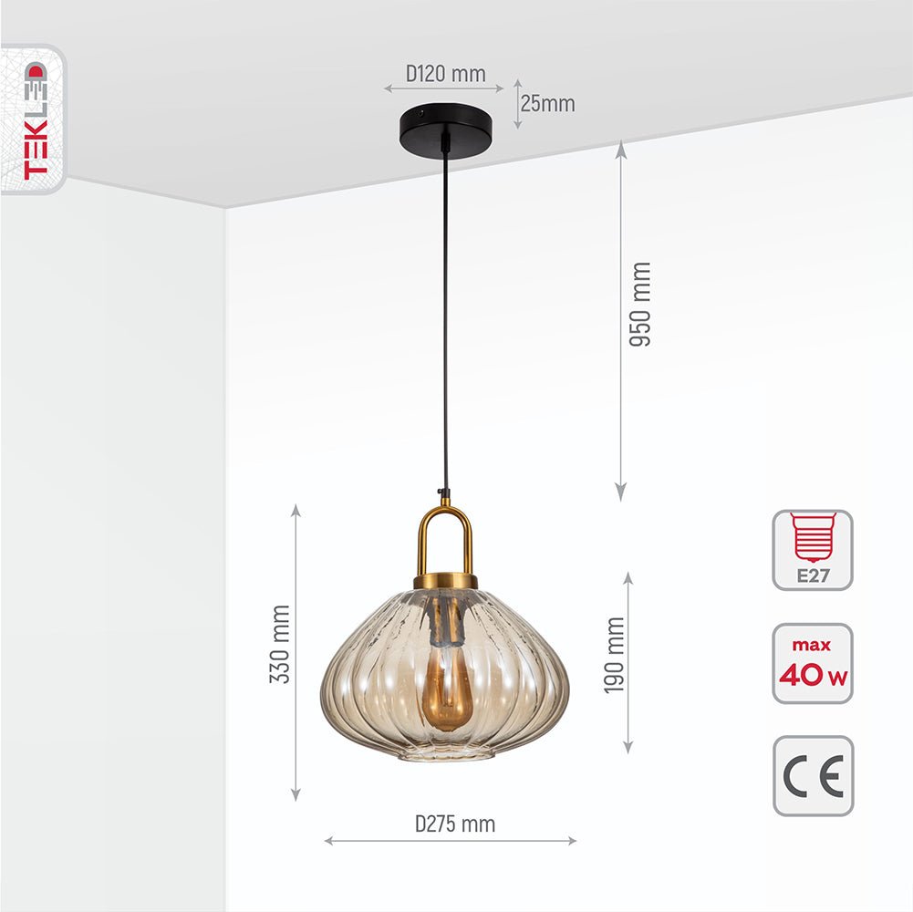 Product dimensions of golden bronze metal amber glass globe pendant light with e27 fitting