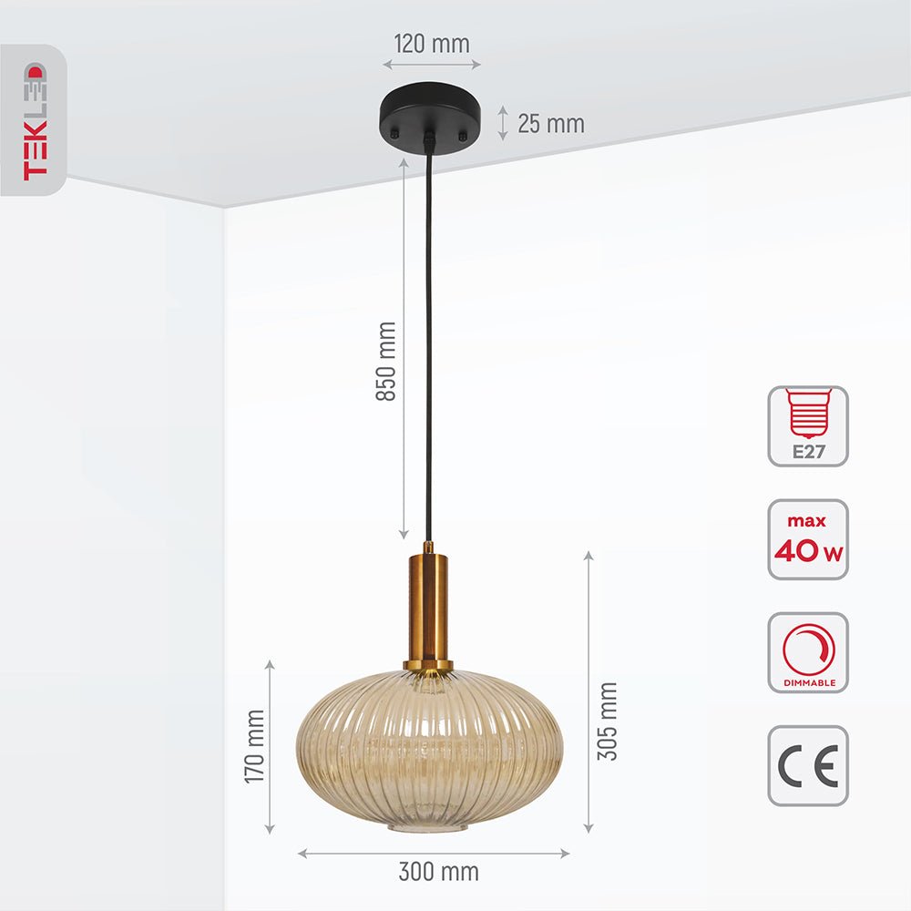 Product dimensions of golden bronze metal amber glass globe pendant light l with e27 fitting