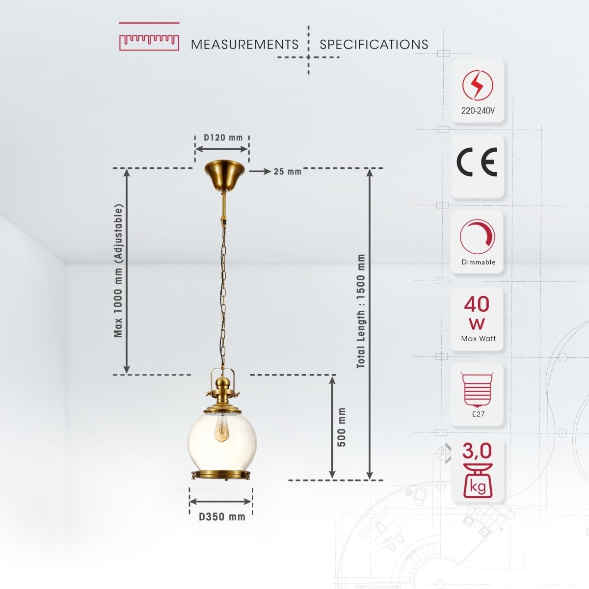 Product dimensions of golden bronze metal amber glass globe pendant light sealed with e27 fitting
