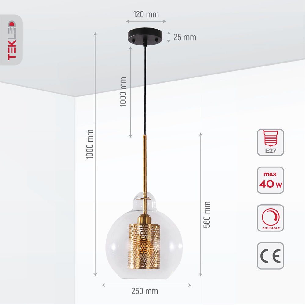 Product dimensions of golden metal clear glass globe pendant light with e27 fitting