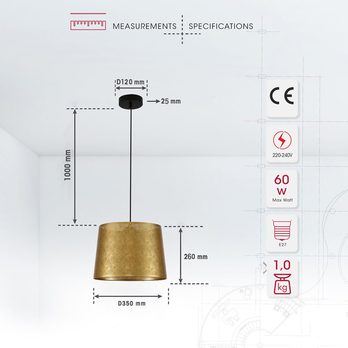 Size and specs of Golden Metal Frustum Pendant Ceiling Light with E27 | TEKLED 150-17978