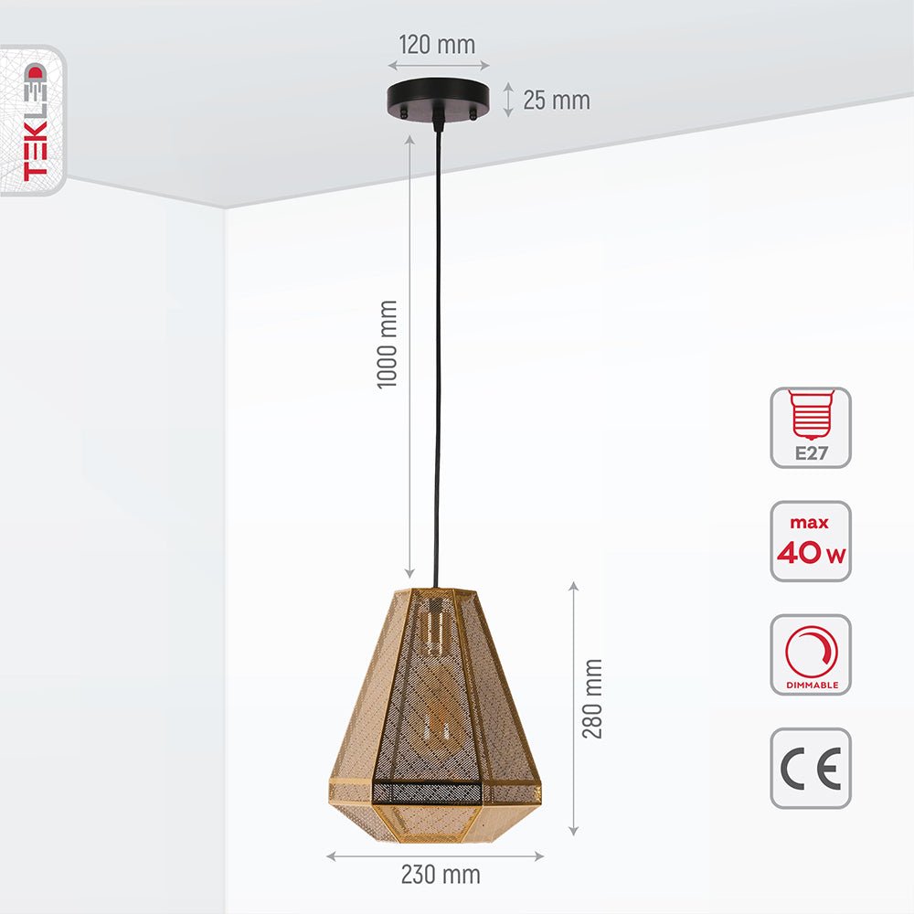Product dimensions of golden metal polyhedral pendant light with e27 fitting