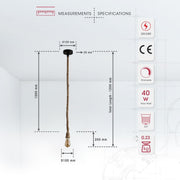 Product dimensions of hemp rope pendant light with e27 fitting