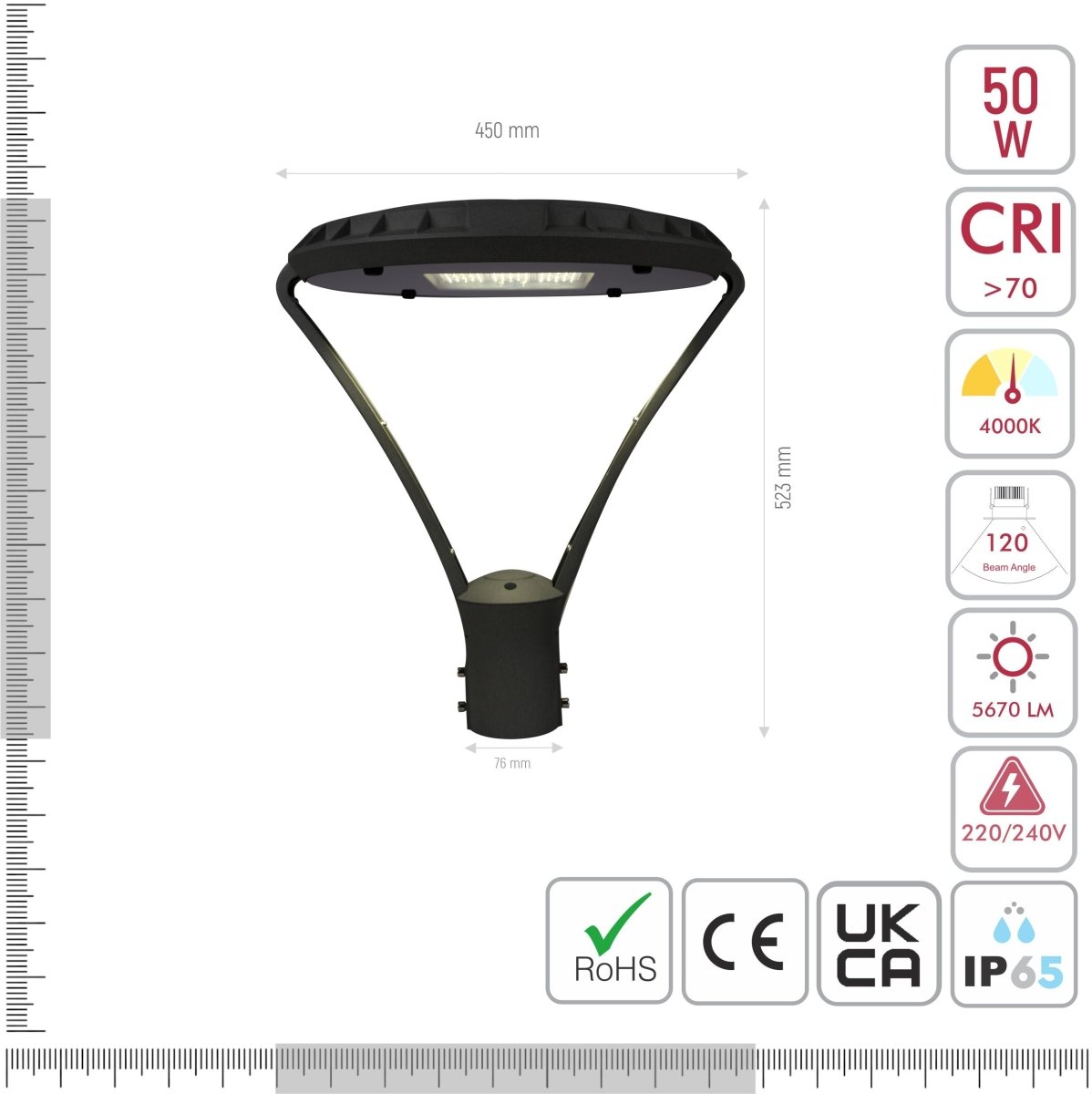 Product dimensions of led ataman lamp post top light 50w 4000k cool white ip65 grey