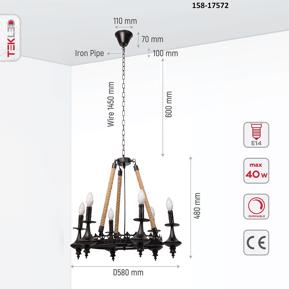Product dimensions of matte black metal hemp rope chandelier with 6xe14 fitting