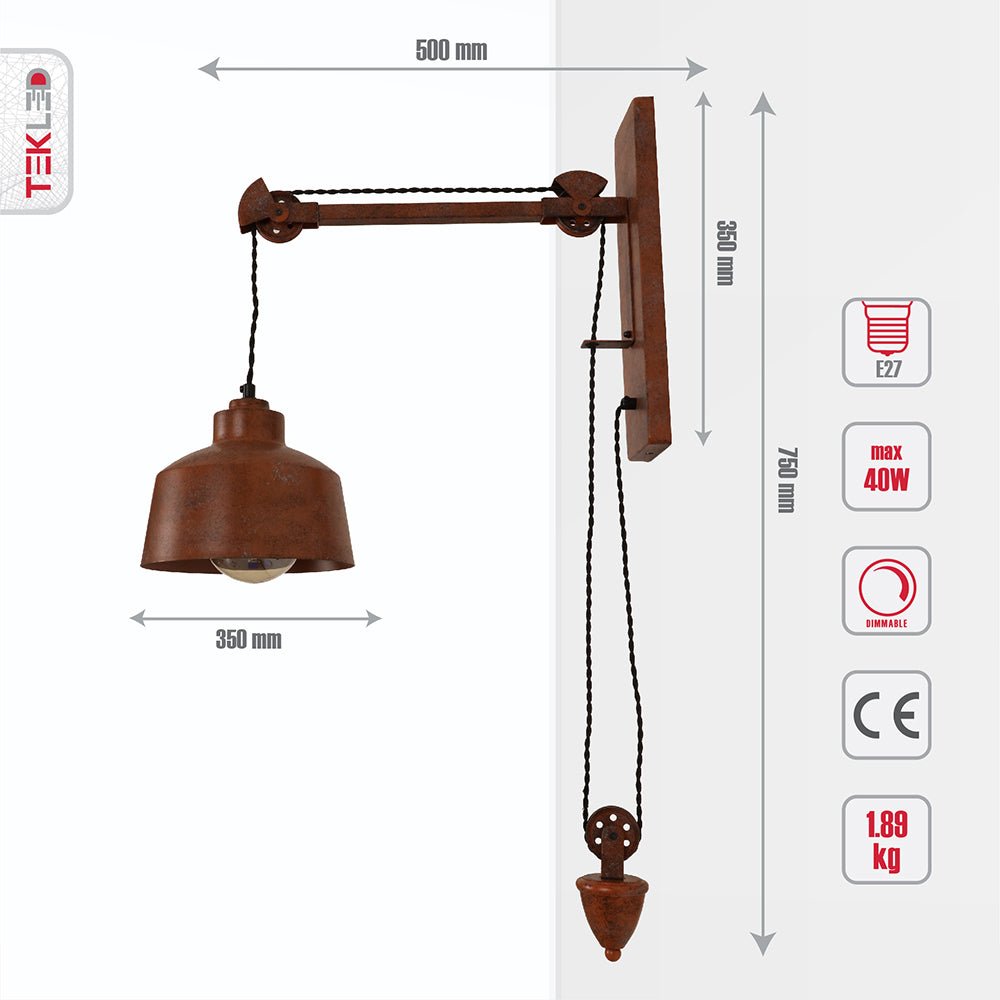 Product dimensions of old brown metal pulley step wall light e27