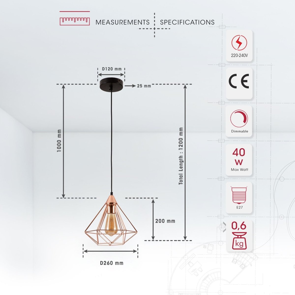 Product dimensions of rose gold metal cage pendant light l with e27 fitting