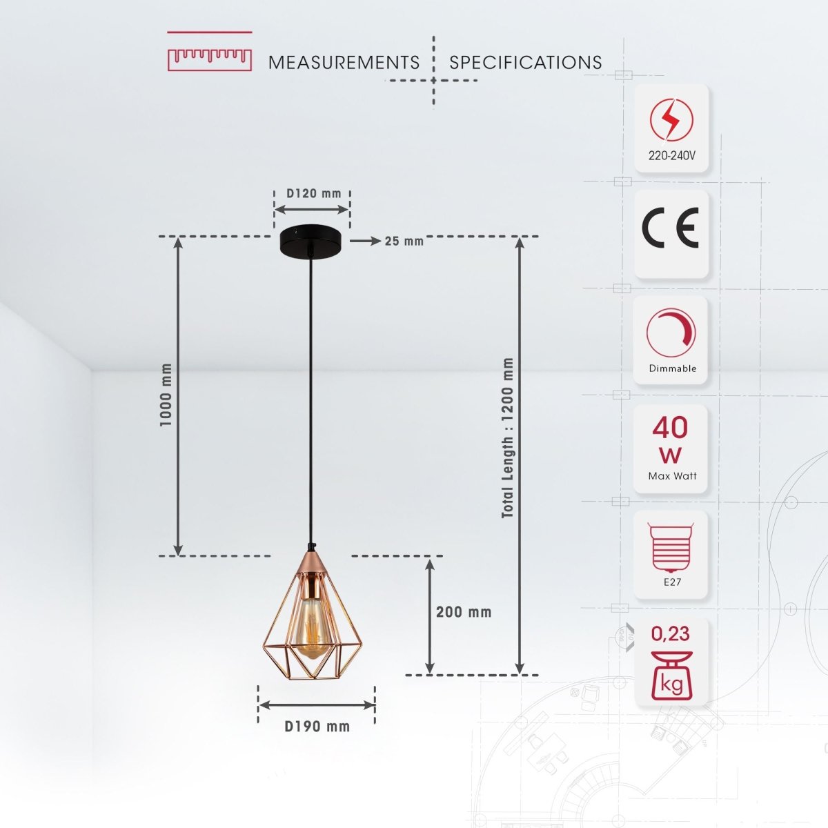 Product dimensions of rose gold metal cage pendant light s with e27 fitting