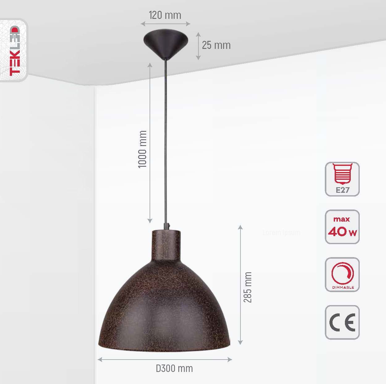 Product dimensions of rusty brown metal dome flat pendant light with e27 fitting