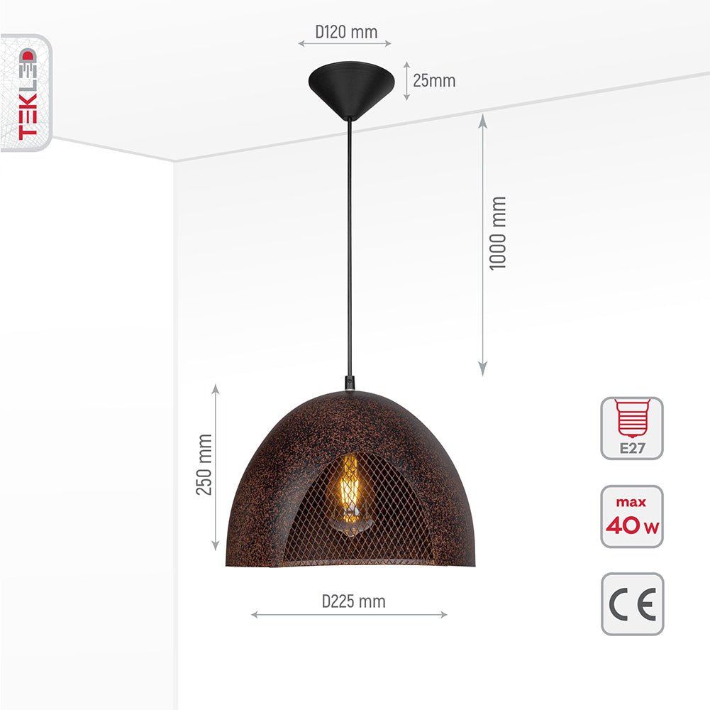 Product dimensions of rusty brown metal dome flat pendant light l with e27 fitting
