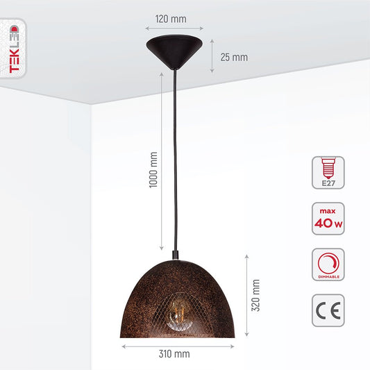 Product dimensions of rusty brown metal dome pendant light s with e27 fitting