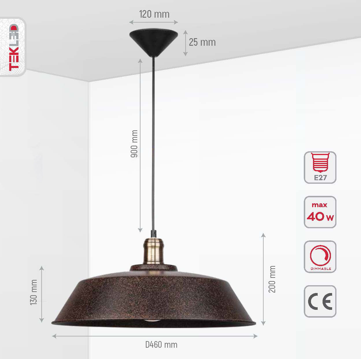 Product dimensions of rusty brown metal step flat pendant light l with e27 fitting 150-18184