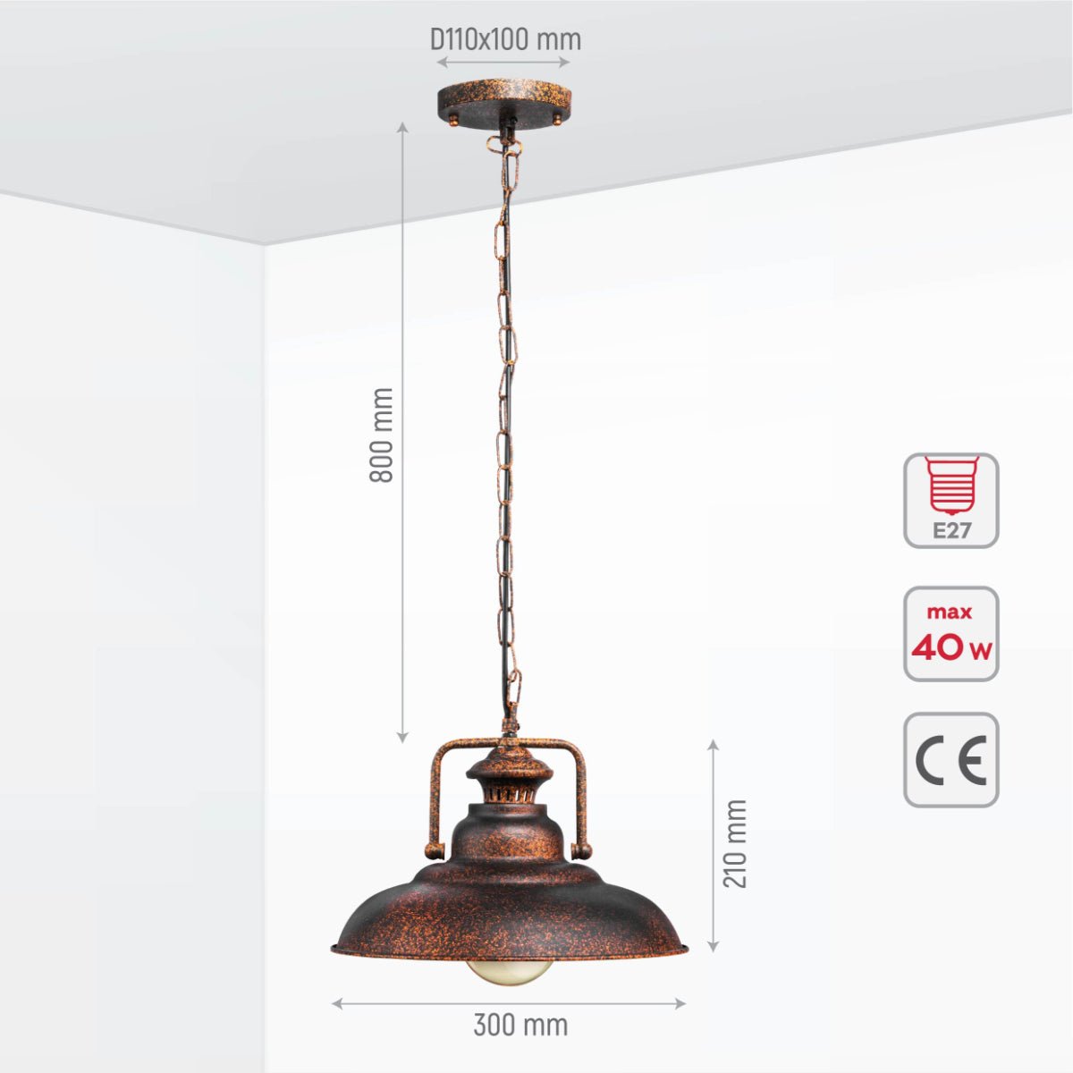 Size and specs of Rusty Brown Metal Step Pendant Ceiling Light with E27 | TEKLED 150-17932