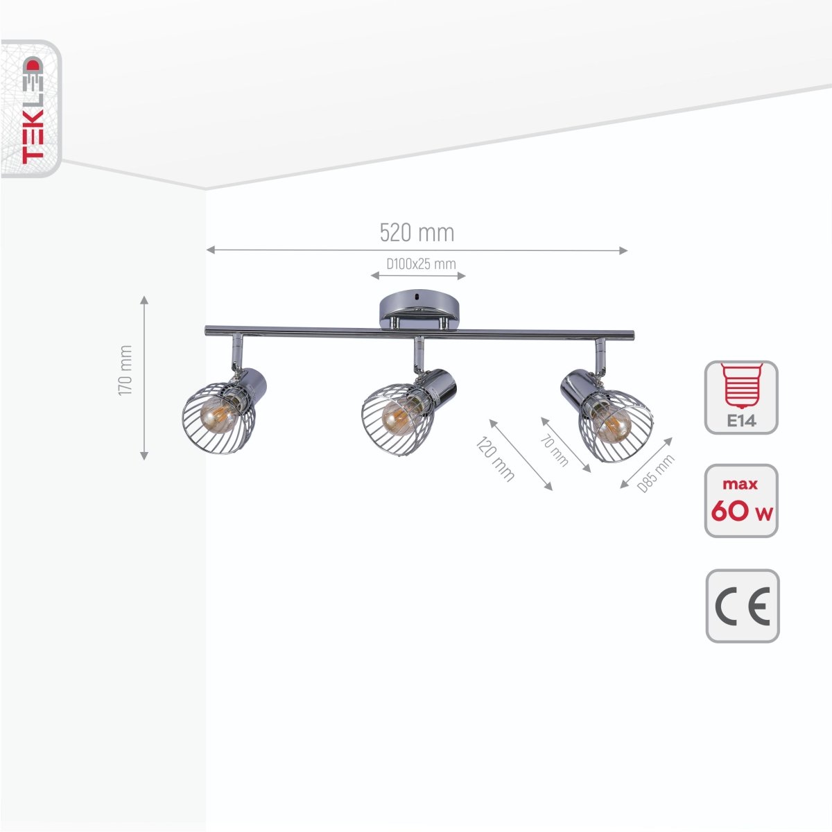 Product dimensions of silver cage chrome body semi flush ceiling light 3xe14