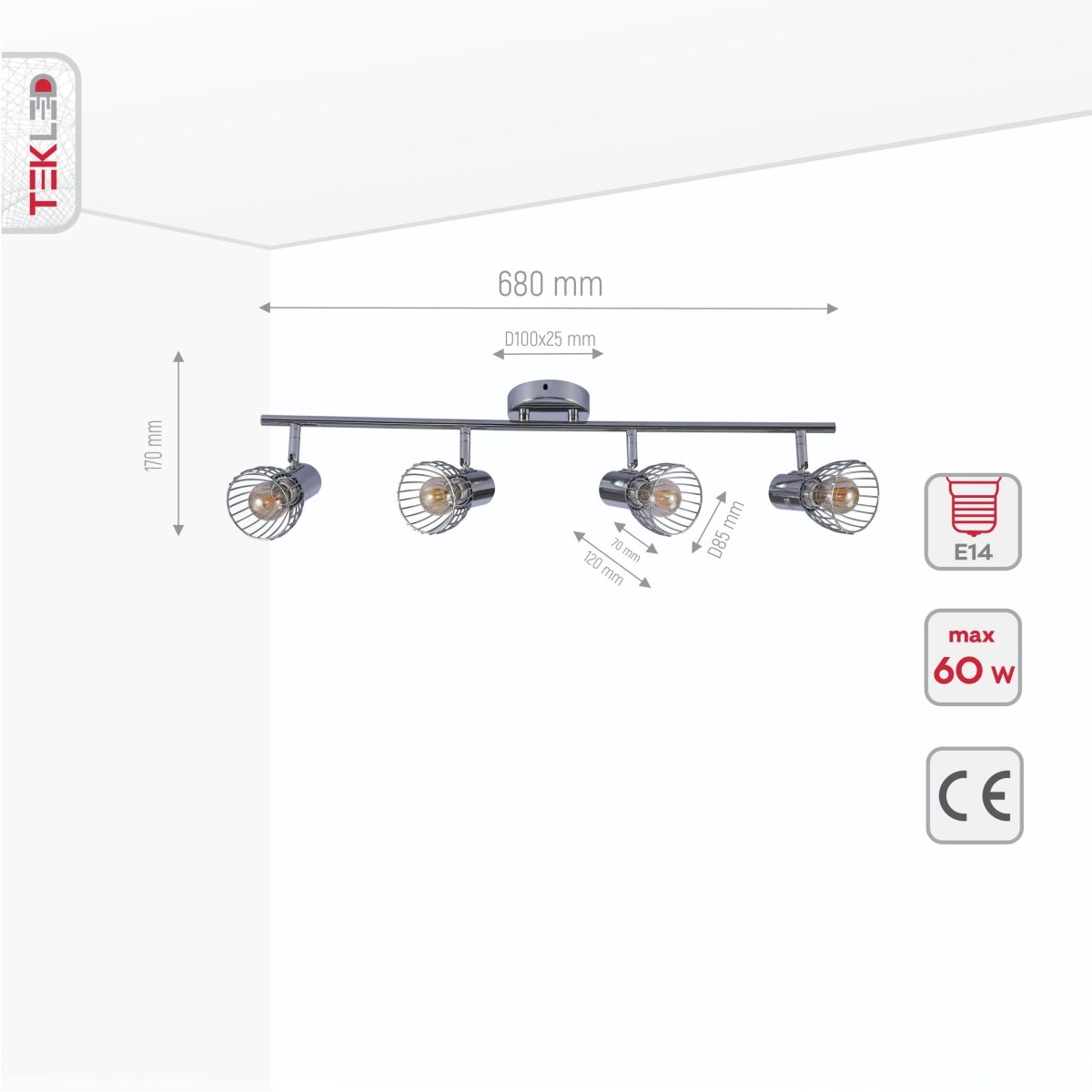 Product dimensions of silver cage chrome body semi flush ceiling light 4xe14