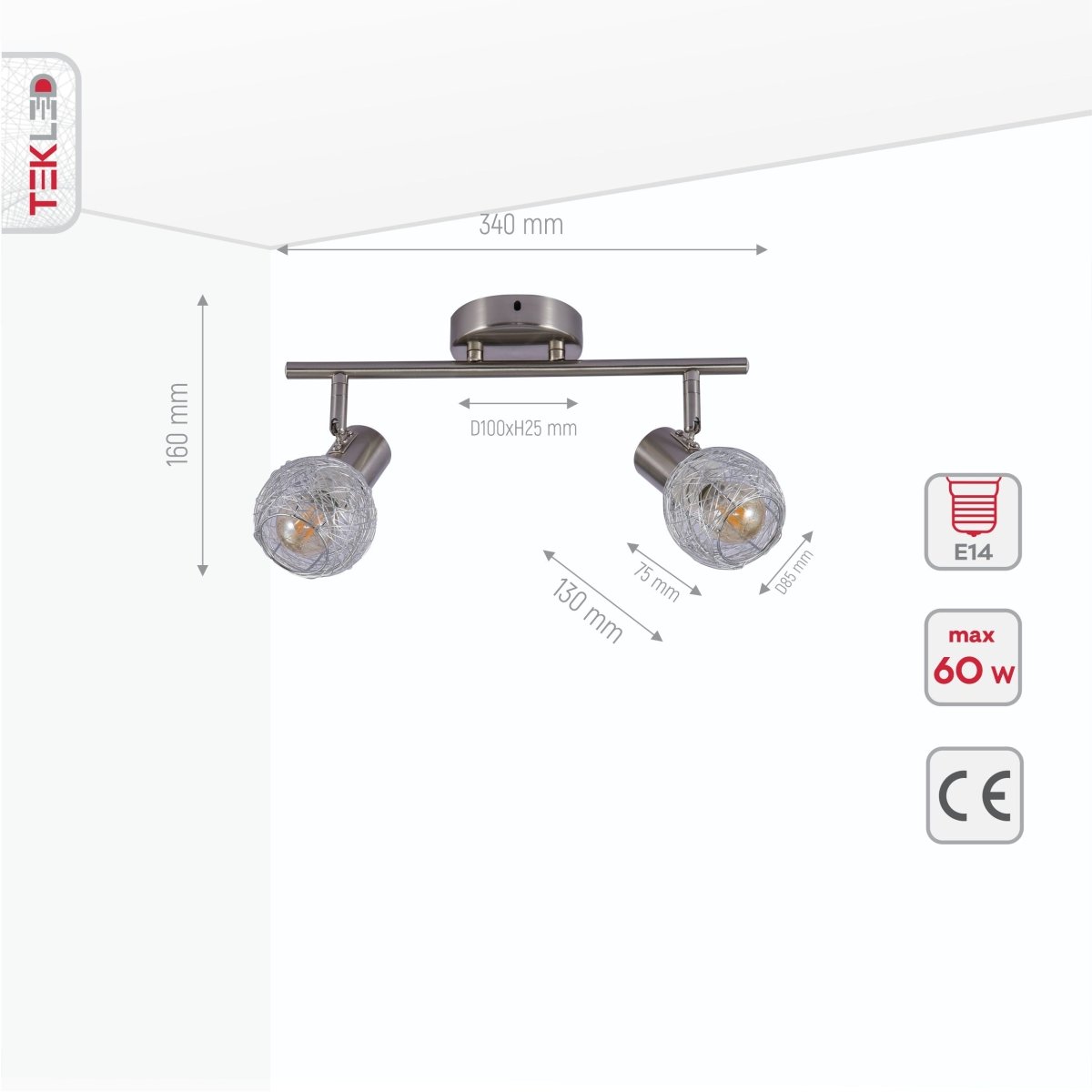 Product dimensions of silver nest matte nickel body semi flush ceiling light 2xe14