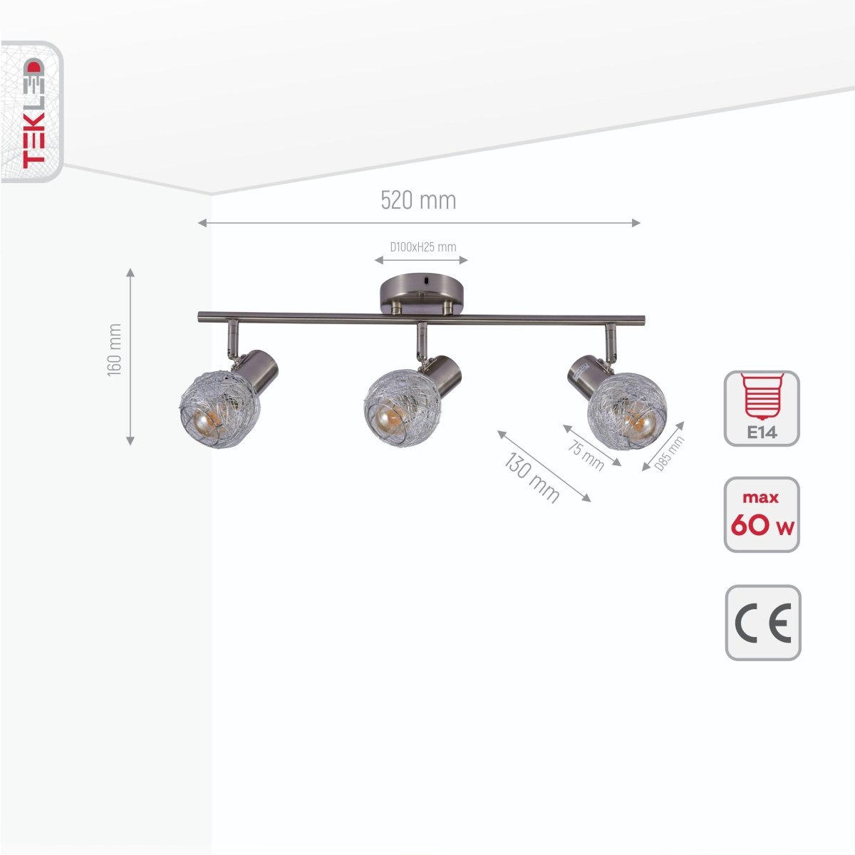 Product dimensions of silver nest matte nickel body semi flush ceiling light 3xe14
