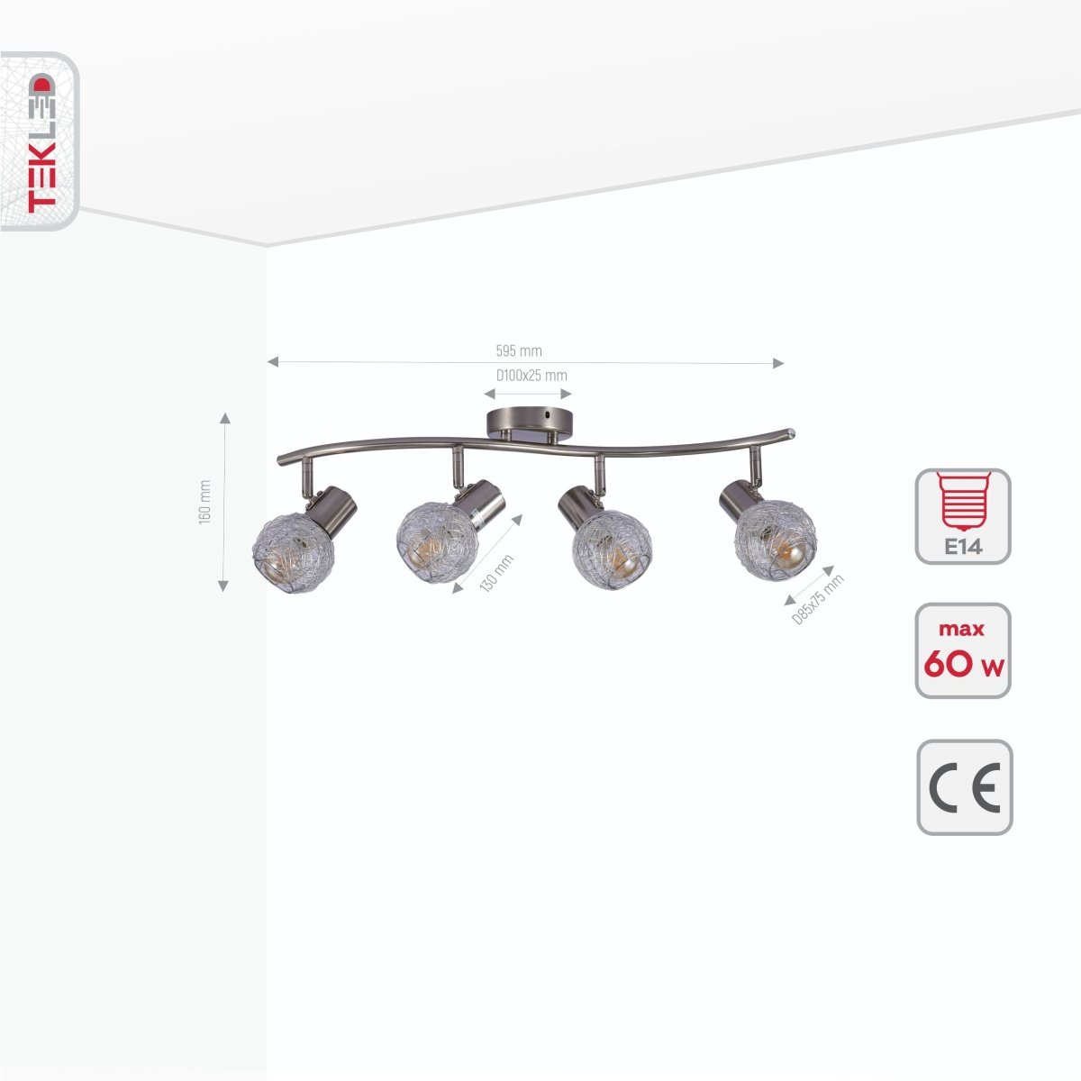 Product dimensions of silver nest matte nickel body semi flush ceiling light s shape 4xe14