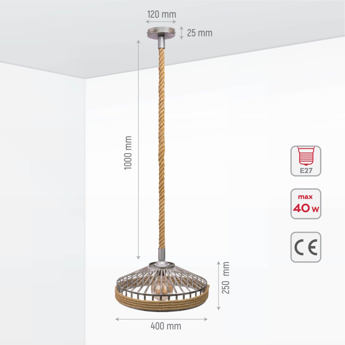 Stylish pendant light with rustic rope detail. Dimensions: 1000mm drop, 400mm width, 250mm height. 40W max. E27 fitting. CE certified.