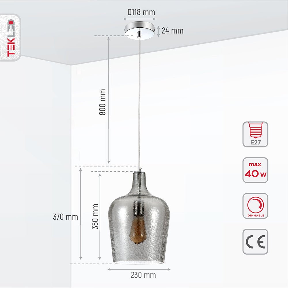 Product dimensions of smoky frosted glass schoolhouse pendant light l with e27 fitting