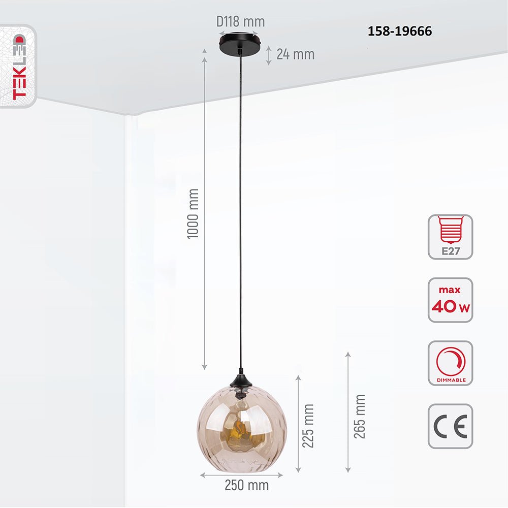 Product dimensions of smoky glass globe pendant light with e27 fitting
