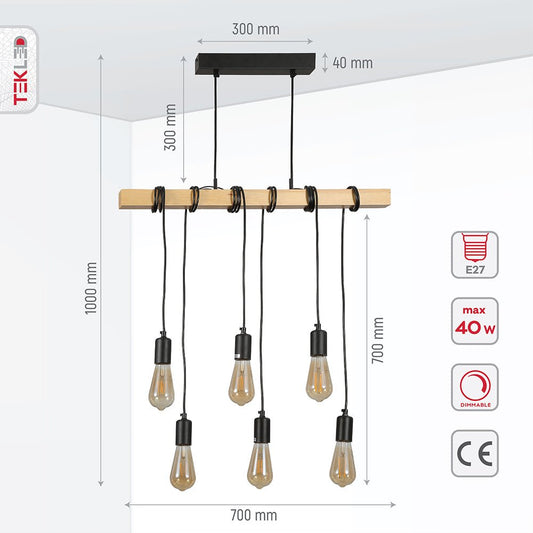 Product dimensions of timber wood rod dropping chandelier with 6xe27 fitting