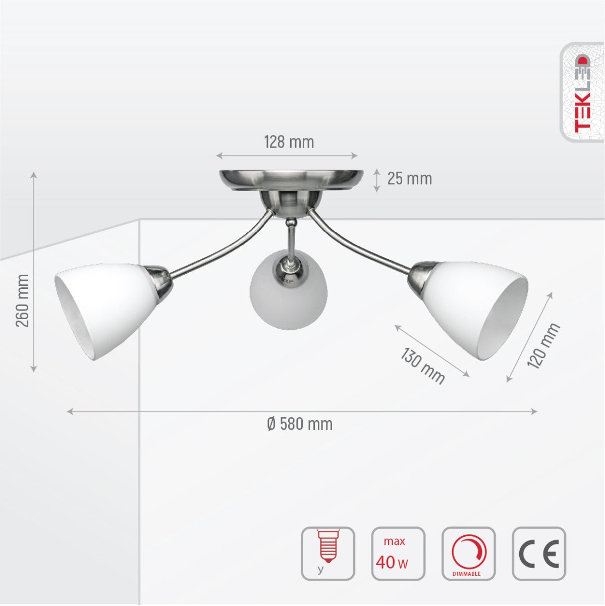 Product dimensions of white glass chrome semi-flush ceiling light with 3xE27 fitting