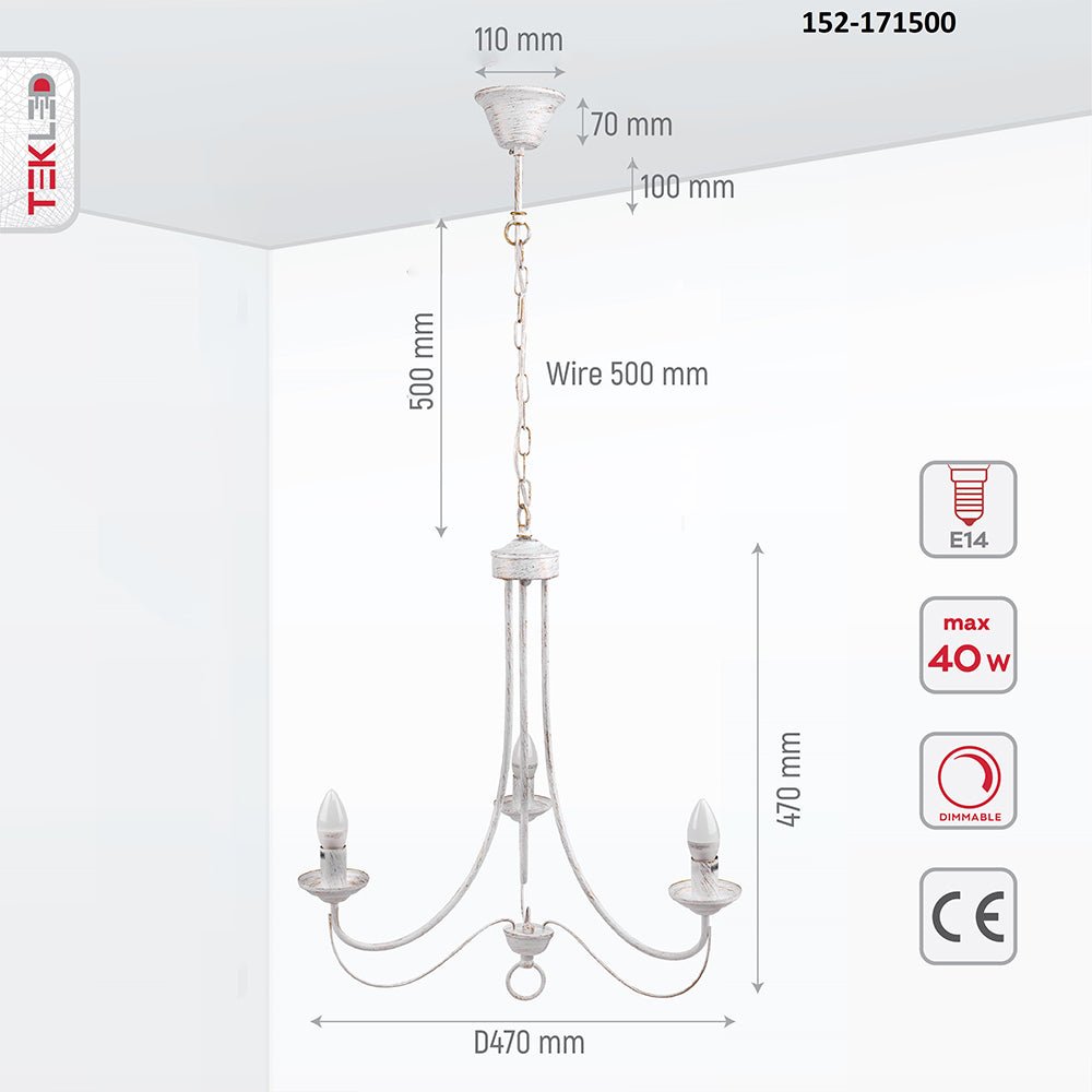 Product dimensions of white metal 3 arm chandelier with 3xe14 fitting