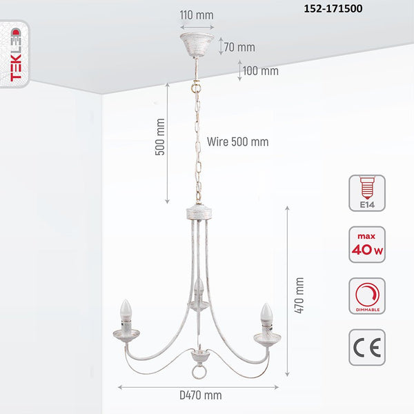 Product dimensions of white metal 3 arm chandelier with 3xe14 fitting