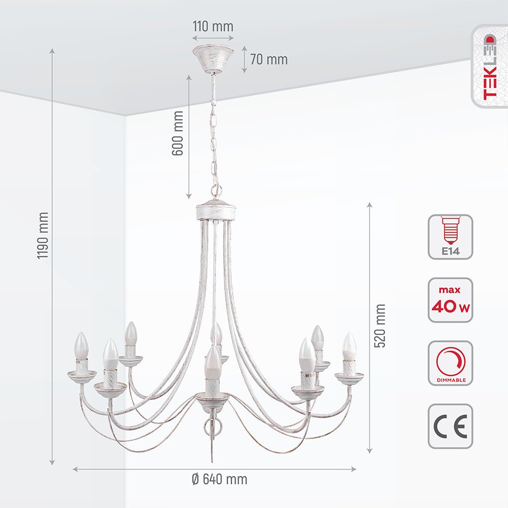 Product dimensions of white metal 8 arm chandelier with 8xe14 fitting