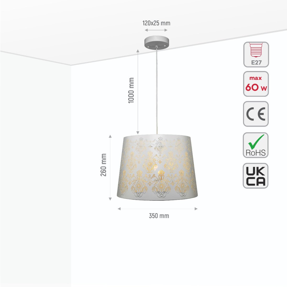 Size and specs of White Metal Frustum Pendant Ceiling Light with E27 | TEKLED 150-17984
