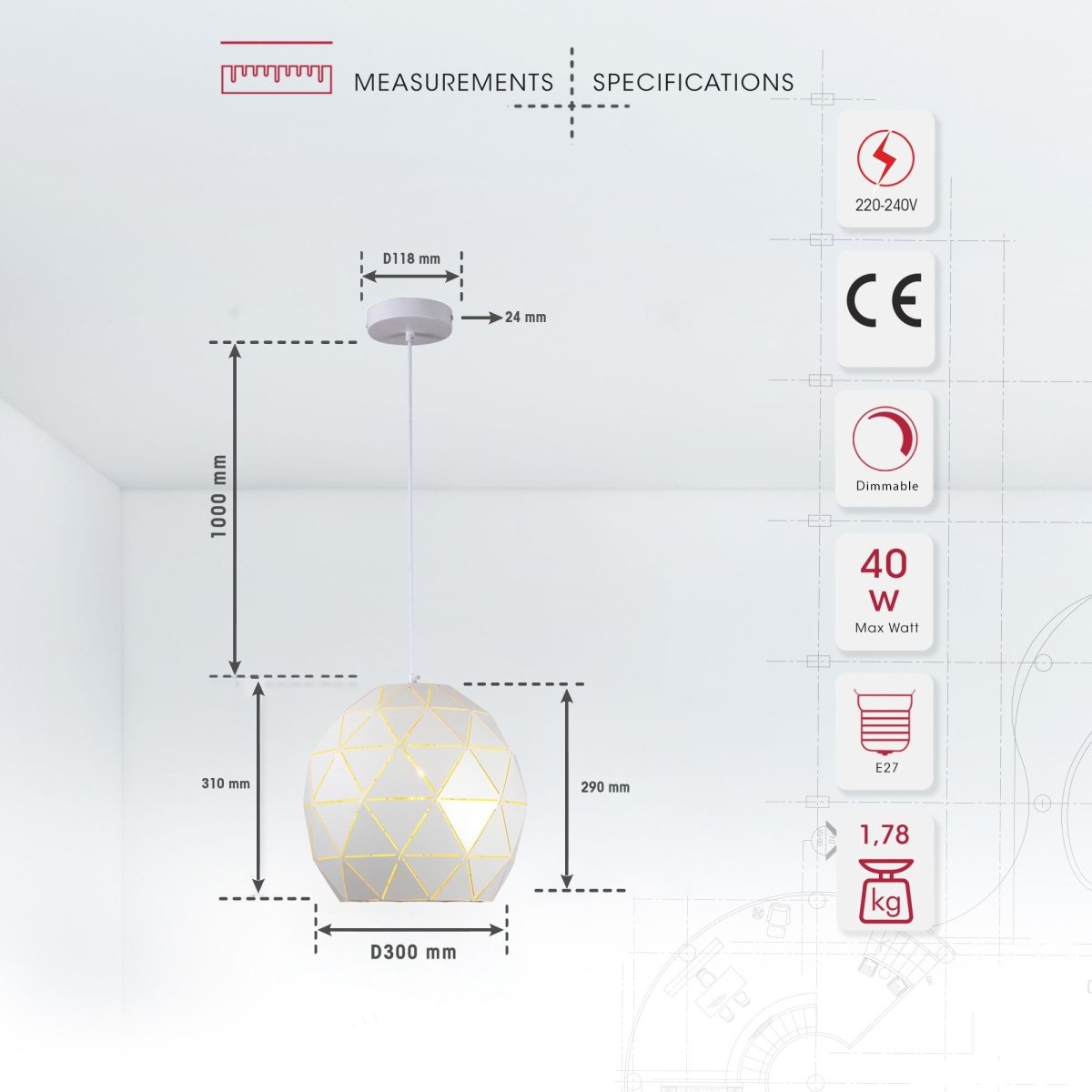 Product dimensions of white metal globe pendant light with e27 fitting