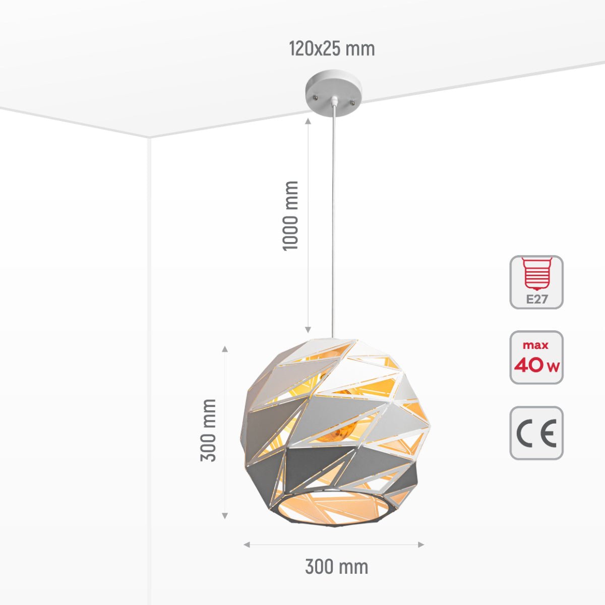 Size and specs of White Metal Globe Polyhedral Pendant Ceiling Light with E27 | TEKLED 150-18270