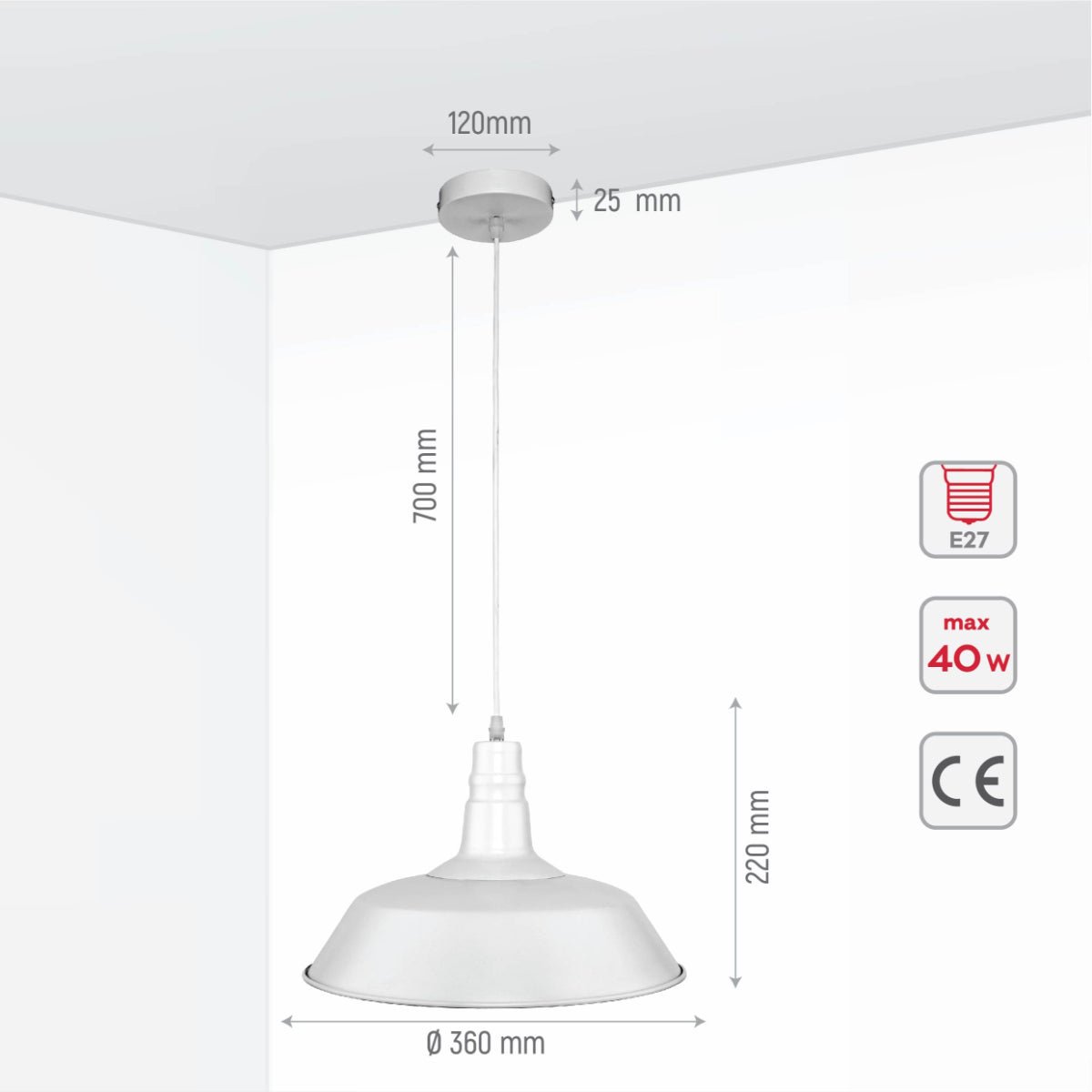 Size and specs of White Metal Step Pendant Ceiling Light with E27 | TEKLED 150-15038