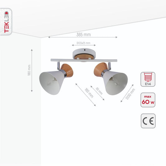 Product dimensions of white metal wood funnel semi flush ceiling light 2xe14