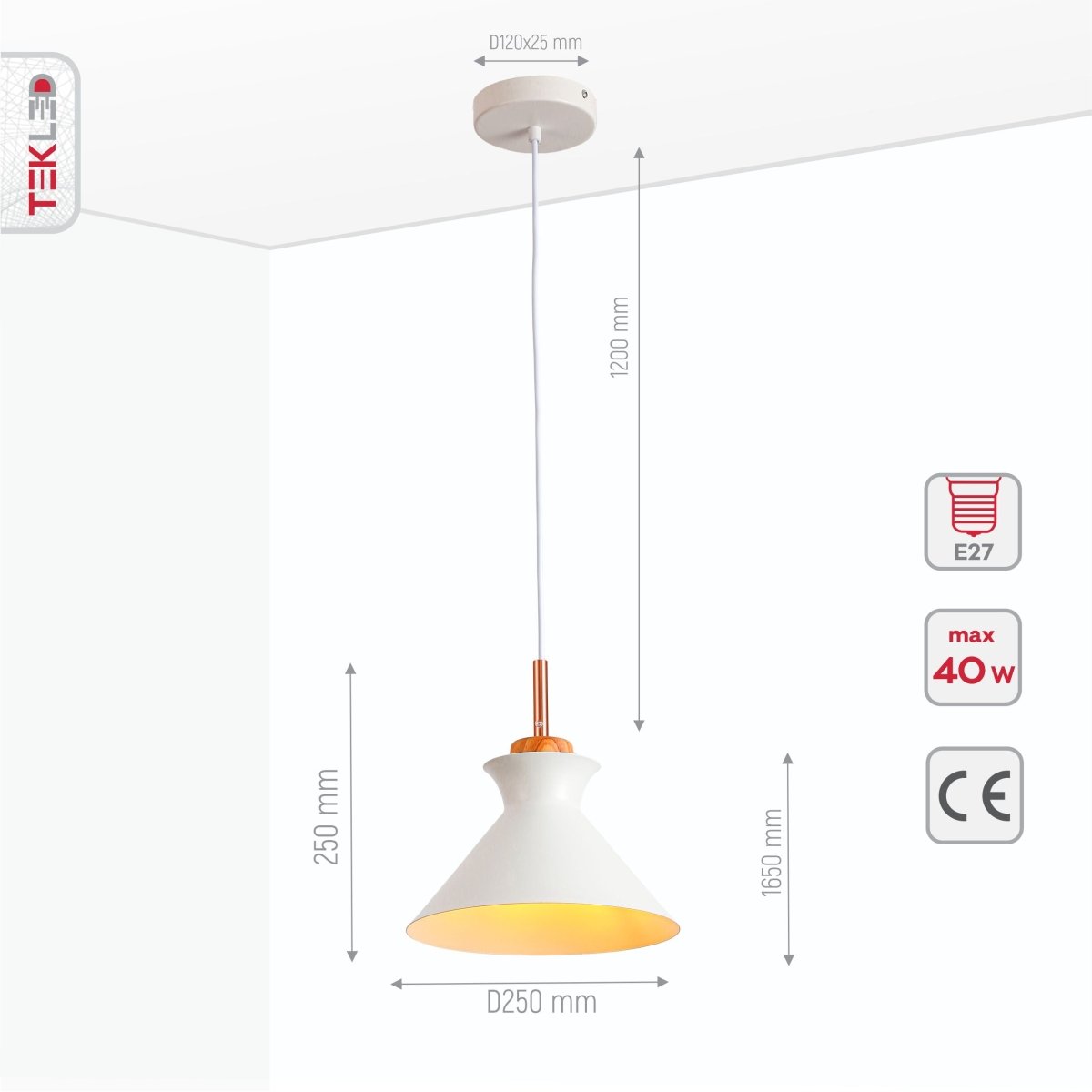 Product dimensions of white metal wood neck pendant light small e27