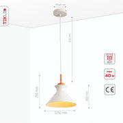 Product dimensions of white metal wood neck pendant light small e27
