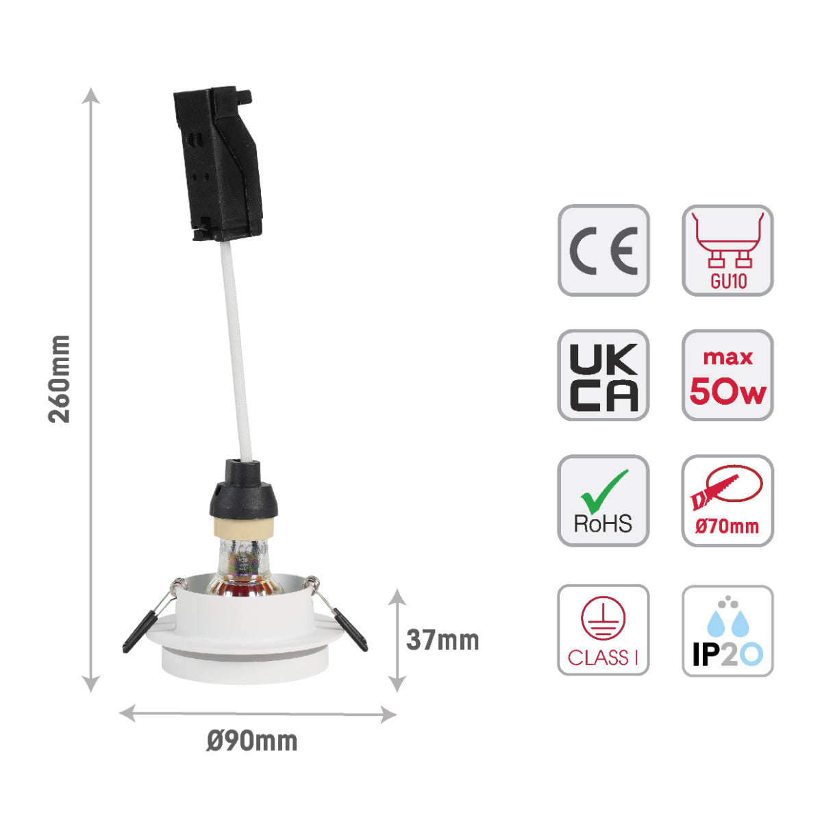 Size and certifications of GU10 Recessed Aluminium Downlight - Dual-Tone Acrylic with Color Matched Trim 143-04043