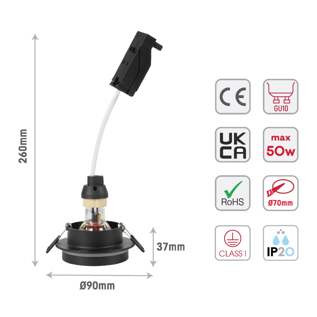 Size and certifications of GU10 Recessed Aluminium Downlight - Dual-Tone Acrylic with Color Matched Trim 143-04044