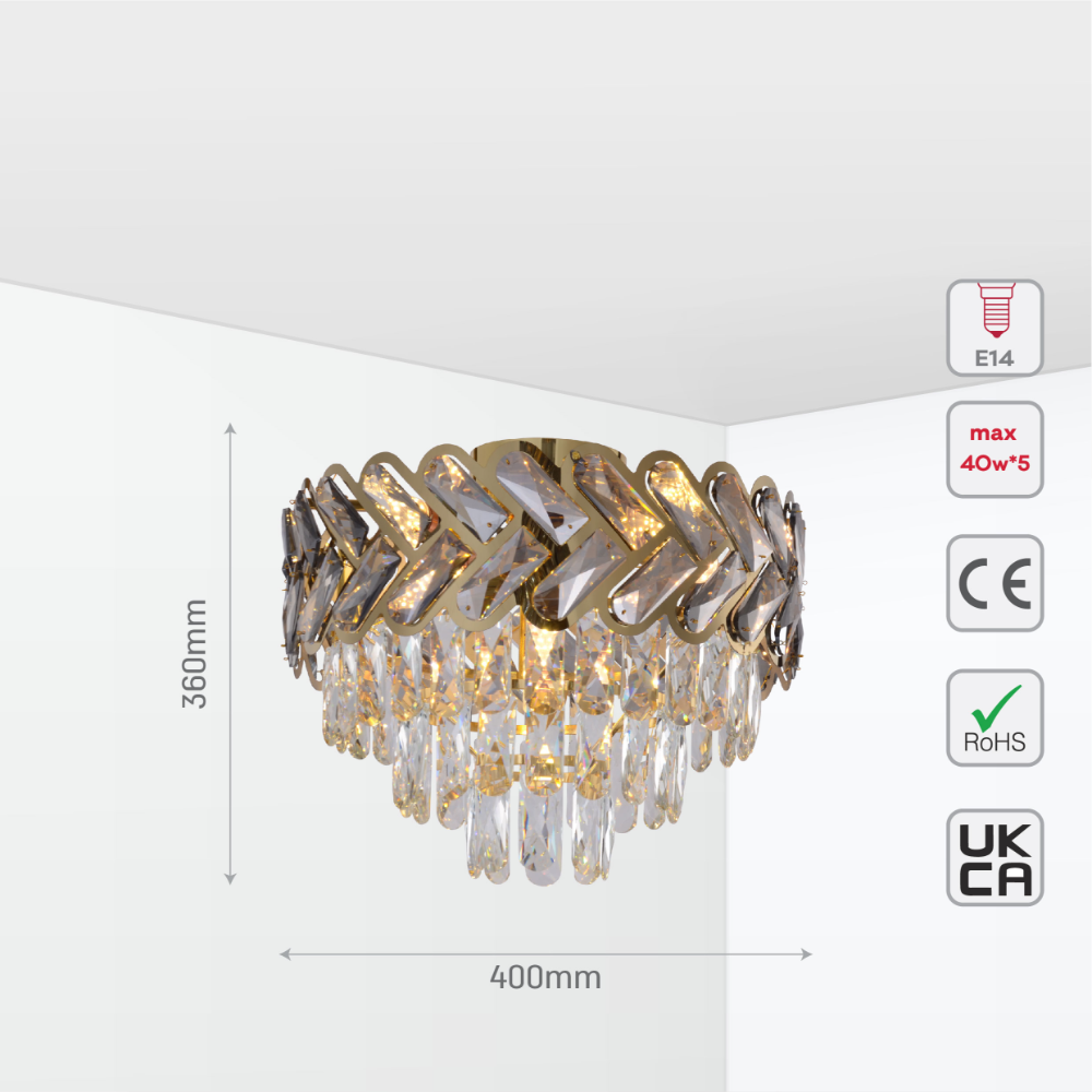 Size and tech specs of Herringbone Crystal Chandelier Ceiling Light Gold | TEKLED 159-17926